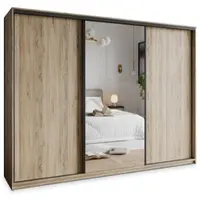 Masseno Schiebetürenschrank TAVI 270/205/60 cm Kleiderschrank mit Schubladen Schlafzimmer Schrank 3-türig mit Spiegel Sonoma Eiche + Schwarz