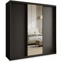 Masseno Schiebetürenschrank TAVI 200/205/60 cm Kleiderschrank mit Schubladen Schlafzimmer Schrank 3-türig mit Spiegel Schwarz + Schwarz