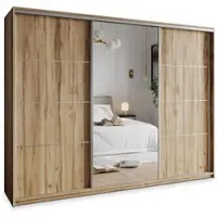 Masseno Schiebetürenschrank VARO 250/205/60 cm Kleiderschrank mit 4 Schubladen Schlafzimmer Schrank 3-türig mit Spiegel Eiche Wotan