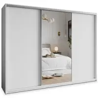 Masseno Schiebetürenschrank TAVI 250/205/60 cm Kleiderschrank mit 4 Schubladen Schlafzimmer Schrank 3-türig mit Spiegel Weiß