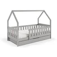 Masseno Kinderbett BELLA 80x190 cm mit Schublade, Rausfallschutz, Einzelbett für Mädchen und Jungs, Hausbett für Kinder, Holz, Hellgrau