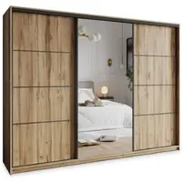 Masseno Schiebetürenschrank VARO 270/205/60 cm Kleiderschrank mit Schubladen Schlafzimmer Schrank 3-türig mit Spiegel Eiche Wotan + Schwarz