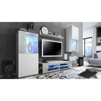 Vladon Wohnwand Movie, Anbauwand bestehend aus 1 TV-Board, 2 Vitrinen und 1 Regal, Weiß matt/Weiß matt/Beton Oxid-Optik, inkl. LED Beleuchtung blau (Gesamt: 300 x 190 x 39 cm)