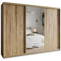 Masseno Schiebetürenschrank TAVI 270/205/60 cm Kleiderschrank mit Schubladen Schlafzimmer Schrank 3-türig mit Spiegel Eiche Wotan + Gold