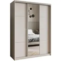 Masseno Schiebetürenschrank VARO 150/205/60 cm Kleiderschrank mit Schubladen Schlafzimmer Schrank 3-türig mit Spiegel Kaschmir + Satin
