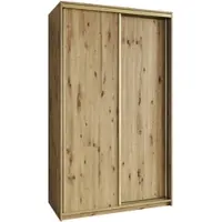 Masseno Schiebetürenschrank NISSE 120/205/60 cm Kleiderschrank mit Schubladen Schlafzimmer Schrank 2-türig Eiche Artisan + Gold