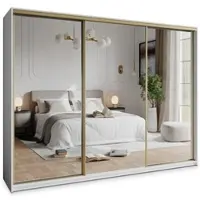 Masseno Schiebetürenschrank RIEN 270/205/60 cm Kleiderschrank mit Schubladen Schlafzimmer Schrank 3-türig mit Spiegel Weiß + Gold
