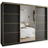 Masseno Schiebetürenschrank VARO 250/205/60 cm Kleiderschrank mit 4 Schubladen Schlafzimmer Schrank 3-türig mit Spiegel Schwarz