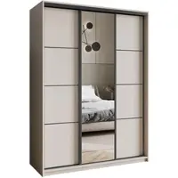 Masseno Schiebetürenschrank VARO 150/205/60 cm Kleiderschrank mit Schubladen Schlafzimmer Schrank 3-türig mit Spiegel Kaschmir + Schwarz