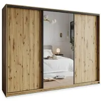 Masseno Schiebetürenschrank TAVI 250/205/60 cm Kleiderschrank mit 4 Schubladen Schlafzimmer Schrank 3-türig mit Spiegel Eiche Artisan