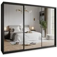 Masseno Schiebetürenschrank RIEN 250/205/60 cm Kleiderschrank mit 4 Schubladen Schlafzimmer Schrank 3-türig mit Spiegel Schwarz