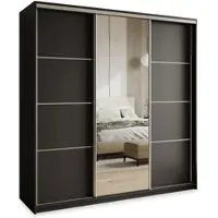 Masseno Schiebetürenschrank VARO 200/205/60 cm Kleiderschrank mit Schubladen Schlafzimmer Schrank 3-türig mit Spiegel Schwarz + Satin