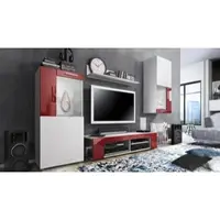 Vladon Wohnwand Movie, Anbauwand bestehend aus 1 TV-Board, 2 Vitrinen und 1 Regal, Weiß matt/Weiß matt/Bordeaux Hochglanz (Gesamt: 300 x 190 x 39 cm)