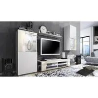 Vladon Wohnwand Movie, Anbauwand bestehend aus 1 TV-Board, 2 Vitrinen und 1 Regal, Weiß matt/Weiß matt/Creme Hochglanz, inkl. LED-Beleuchtung in weiß (Gesamt: 300 x 190 x 39 cm)
