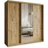 Masseno Schiebetürenschrank TAVI 180/205/60 cm Kleiderschrank mit 4 Schubladen Schlafzimmer Schrank 3-türig mit Spiegel Eiche Artisan