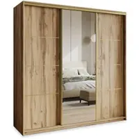 Masseno Schiebetürenschrank VARO 180/205/60 cm Kleiderschrank mit 4 Schubladen Schlafzimmer Schrank 3-türig mit Spiegel Eiche Wotan
