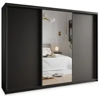 Masseno Schiebetürenschrank TAVI 250/205/60 cm Kleiderschrank mit 4 Schubladen Schlafzimmer Schrank 3-türig mit Spiegel Schwarz