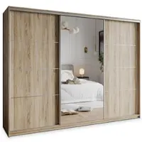 Masseno Schiebetürenschrank VARO 250/205/60 cm Kleiderschrank mit 4 Schubladen Schlafzimmer Schrank 3-türig mit Spiegel Sonoma Eiche