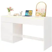 Merax Hochglanz Schreibtisch 120x50x78cm mit LED-Beleuchtung, Computertisch mit 2 Schubladen, Schminktisch, Push-to-Open Tür, weiß