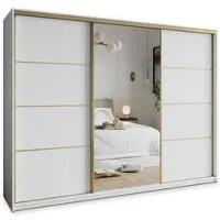 Masseno Schiebetürenschrank VARO 270/205/60 cm Kleiderschrank mit Schubladen Schlafzimmer Schrank 3-türig mit Spiegel Weiß + Gold
