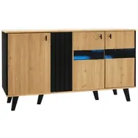 OKWISH Sideboard mit LED Stauraum Glas Holzdesign 140x78.5x41cm Schwarz Natur