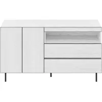 OKWISH Sideboard aus Spanplatte Weiß 140x42x77 cm, grifflose Fronten, offene Regale, Soft-Close, geräuschlose Schubladenauszüge