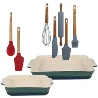 Bergner - Set mit 2 rechteckigen Auflaufformen aus Steinzeug mit 7-teiligem Küchenutensilien-Set aus Silikon und Holz - Kollektion EXCALIBUR