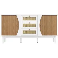 OKWISH Sideboard MDF und Spanplatte in Weiß/Holzfarbe, 140,5x40x76 cm, mit 3 Rattanschubladen, verstellbaren Einlegeböden und abgerundeten Kanten