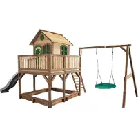 Axi Spielhaus Liam mit Sandkasten, Nestschaukel & grauer Rutsche | Stelzenhaus XXL in Braun & Grün aus Holz für Kinder | Spielturm mit Wellenrutsche für den Garten