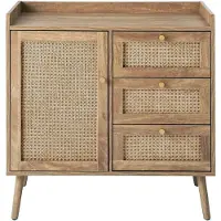 CALICOSY - Kommode mit 1 Tür und 3 Schubladen, Rattanfronten und Holzfüßen, L80 cm - PALMO