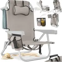 TecTake Beach Chair Coral - faltbarer Campingstuhl mit Kühltasche und Aufbewahrungstasche - 5-fach verstellbare Rückenlehne mit Kopfkissen - breite Armlehnen mit Becherhalter / Telefonhalter -