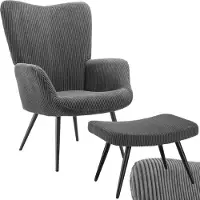 TecTake Ohrensessel mit Hocker - Skandinavischer Teddy Bouclé Sessel - Lounge und Wohnzimmersessel - Schwarze Metallbeine - Belastbarkeit 150kg - Cord - Grau