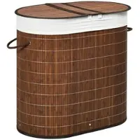 STILVORA Wäschekorb Bambus Braun 63x37x61 cm 100 L mit Deckel und 2 Fächern, herausnehmbare Innenbeutel, seitliche Griffe, luftzirkulierender Boden