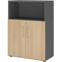 Bümö flexi Aktenschrank abschließbar mit Flügeltüren & 1 Regalfach in Graphit/Eiche, Büroschrank mit werkzeuglosem Schnellmontage-Klicksysten in