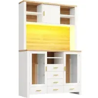 MODFU Multifunktions-Küchenschrank mit LED-Lichtleiste Seitenboard Aufbewahrungsschrank mit 6 Schubladen und 3 Türen Hochschrank mit Offener Stauraum Weiß