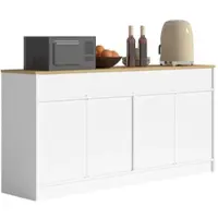 OKWISH Sideboardschrank MDF Weiß/Natur 160x37x76,5 cm mit 3 Schubladen, verstellbaren Einlegeböden und Arbeitsplatte
