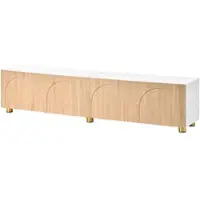 MODFU Lowboard Weiß & Natur TV-Schrank mit 4 Türen und dreidimensionalem Bogenrelief, geräumiger Stauraum, TV-Möbel Fernsehbank, Metallfüße für Wohnzimmer