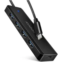 Axagon HUE-C1C 4x USB 5Gbps TRAVEL hub, USB-C Netzanschluss, 19cm USB-C Kabel, USB 3.2 Gen 1 (3.1 Gen 1) Type-C, USB 3.2 Gen 1 (3.1 Gen 1) Type-A, 5000 Mbit/s, Schwarz, Kunststoff, 0,19 m