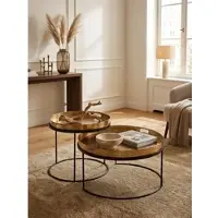 KADIMA DESIGN Couchtisch 2er Set Metall Rund Hammerschlag Abnehmbares Tablett, Gold 56x56x33 cm