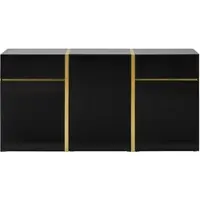 OKWISH Sideboard Hochglanz-Oberfläche Kommode mit Goldfarbenen Zierelementen Beistellschrank mit Schubladen mit Türen Für Wohnzimmer Und Esszimmer Aus MDF In Schwarz