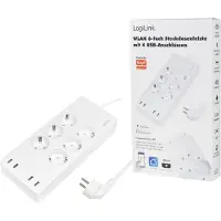 Logilink Wi-Fi Smart Steckdosenleiste 6-fach (CEE7/3), 4x USB, Tuya kompatibel, 6 AC-Ausgänge, Typ F, 1,8 m, Verkabelt & Kabellos, Weiß, Weiß