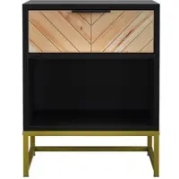 OKWISH Nachttisch MDF Schwarz/Natur 43x40x55 cm mit Schublade, offenem Fach und Metallbeinen
