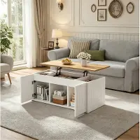OKWISH Couchtisch Beistelltisch Höhenverstellbar mit Stauraum Wohnzimmertisch Sofatisch mit 2 Schranktüren Für Wohnzimmer Weiß
