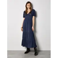 Apricot Maxikleid "Maxikleid mit Stufenrock", Damen, Gr. XS (34), N-Gr, blau (navy), gewebt, Obermaterial: 89% Viskose CV. 11% Lyocell CLY., Puffärmel Elastisch, Kleider Maxikleid, in Knitteroptik