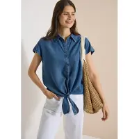 Cecil Hemdbluse Sommerbluse im Denim-Look / Knotendetail am Saum