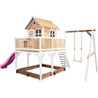 Axi Spielhaus Liam mit Sandkasten, Schaukel & lila Rutsche | Stelzenhaus XXL in Braun & Weiß aus FSC Holz für Kinder | Spielturm mit Wellenrutsche für den Garten