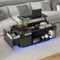 OKWISH Höhenverstellbarer Couchtisch mit Verstecktem Stauraum,Beistelltisch mit LED-Licht und USB,Sofatisch mit Schublade,Schwarz