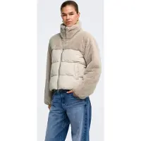 ONLY Steppjacke "ONLWANJA – Jacke mit Plüschdetails und hohem Kragen", Damen, Gr. M, gelb (moonbeam), Web, Obermaterial: 50% Nylon, 50% Polyester, unifarben, hüftlang, Jacken Steppjacke, Materialmix
