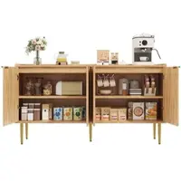 MODFU Sideboard 140x38x75 cm Natur mit 4 Türen und verstellbaren Einlegeböden, MDF Korpus in Holzoptik, goldfarbene Eisenbeine und Griffe