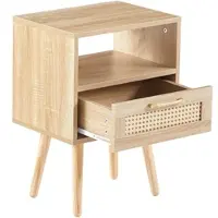 OKWISH Nachttisch MDF Natur mit Rattanfront, Massivholzbeinen und Schublade, 40x30x55 cm